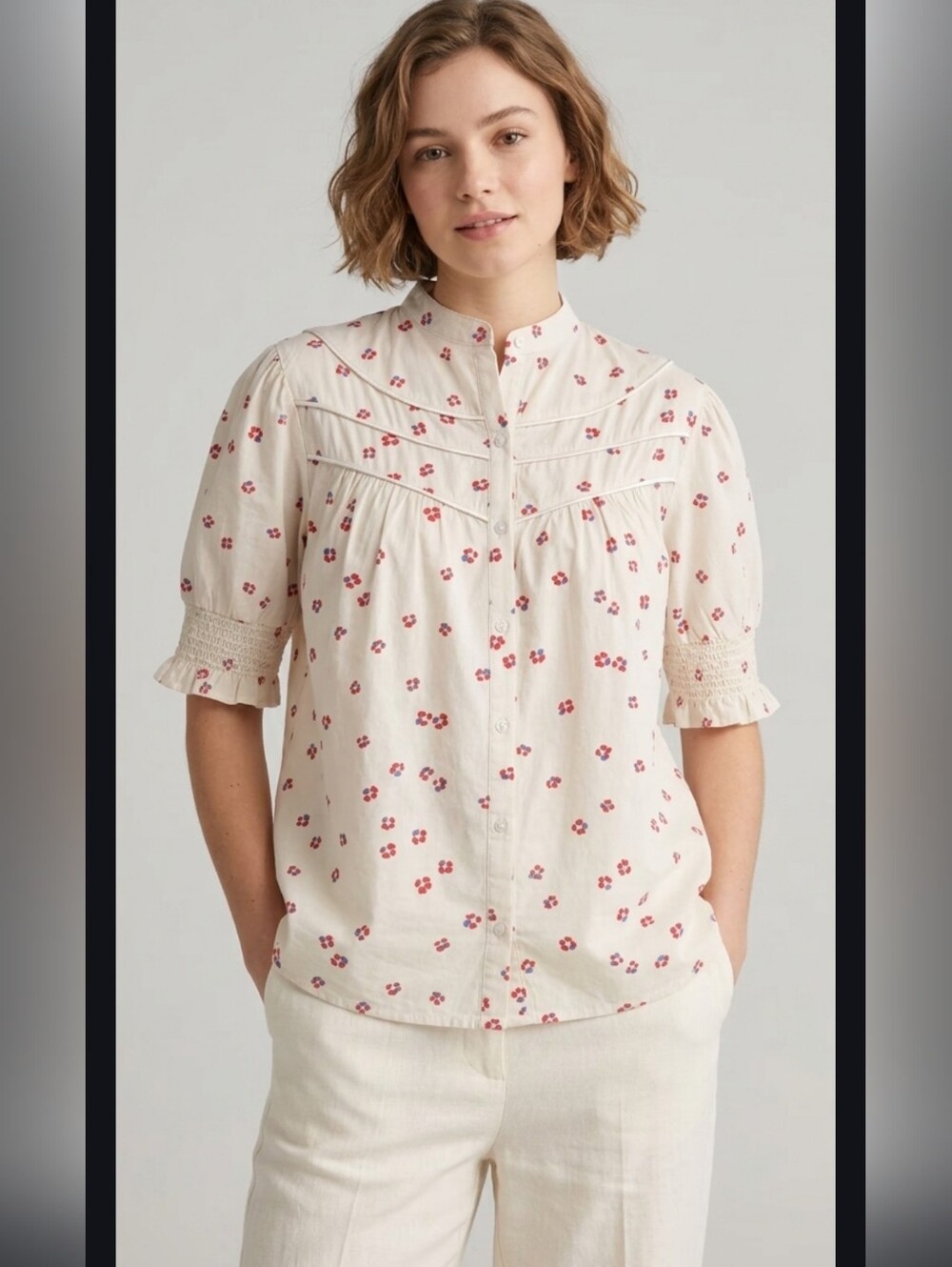 The Shirt Rochelle Behrens White Pink Embroidered Cotton Top Medium